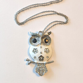 Silver Large White Enamel Rhinestones Owl Necklace - Image 2