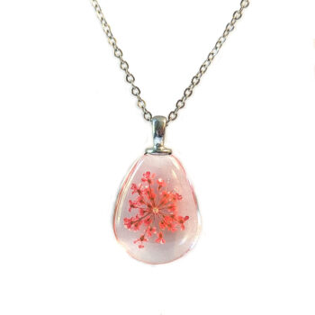 Teardrop Real Dried Red Flowers Glass Necklace Silver