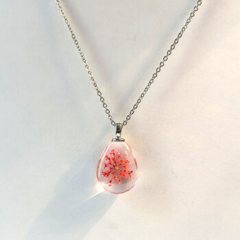 Teardrop Real Dried Red Flowers Glass Necklace Silver - Image 4