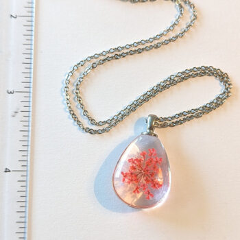 Teardrop Real Dried Red Flowers Glass Necklace Silver - Image 3