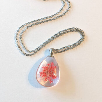 Teardrop Real Dried Red Flowers Glass Necklace Silver - Image 2