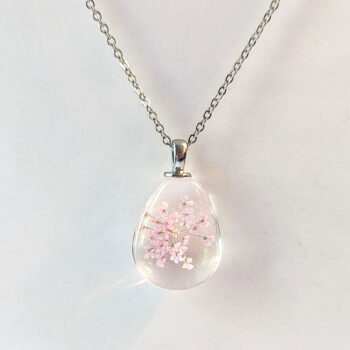 Teardrop Real Dried Light Pink Flowers Glass Necklace Silver