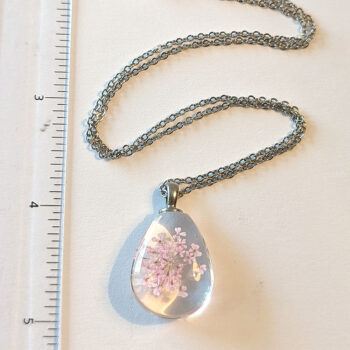 Teardrop Real Dried Light Pink Flowers Glass Necklace Silver - Image 3