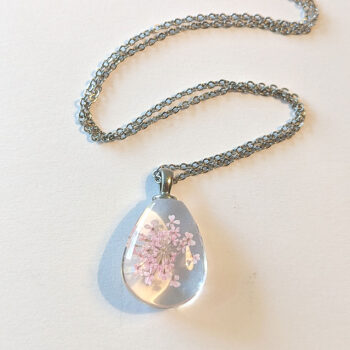 Teardrop Real Dried Light Pink Flowers Glass Necklace Silver - Image 2