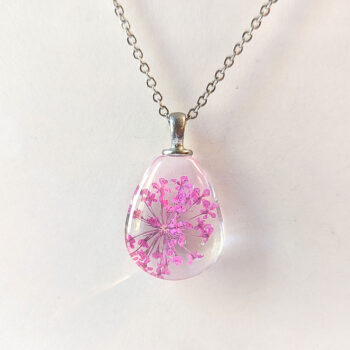 Teardrop Real Dried Pink Flowers Glass Necklace Silver