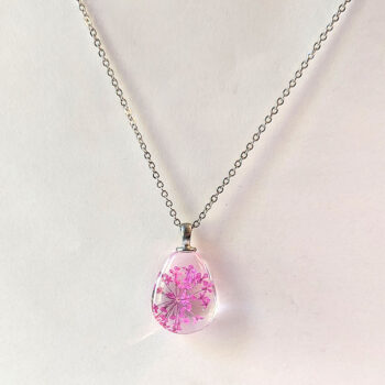 Teardrop Real Dried Pink Flowers Glass Necklace Silver - Image 2