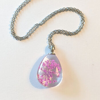 Teardrop Real Dried Pink Flowers Glass Necklace Silver - Image 3