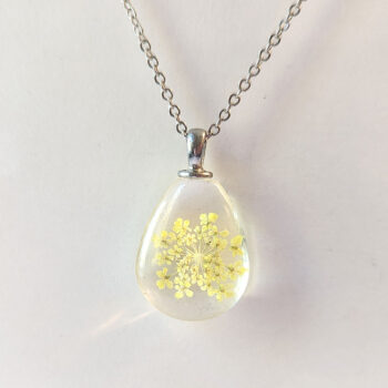 Teardrop Real Dried Yellow Flowers Glass Necklace Silver