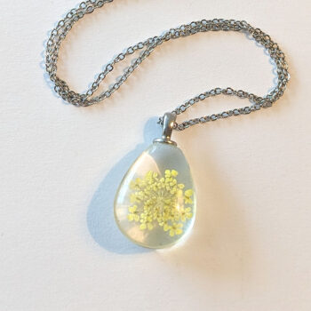 Teardrop Real Dried Yellow Flowers Glass Necklace Silver - Image 2