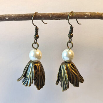 Antique Bronze Tulip Petals Flower Earrings with Pearl - Image 3