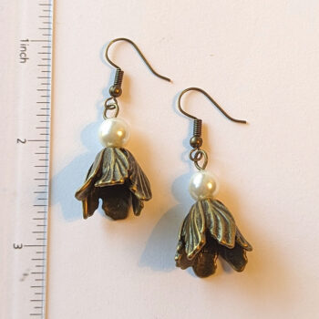 Antique Bronze Tulip Petals Flower Earrings with Pearl - Image 2