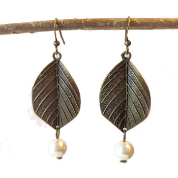 Antique Bronze Leaf with White Pearl Earrings