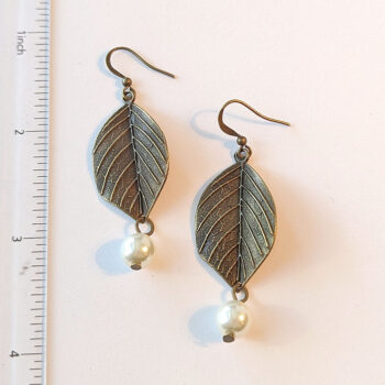 Antique Bronze Leaf with White Pearl Earrings - Image 2