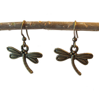 Small Dragonfly Curved Tail Antique Bronze Earrings