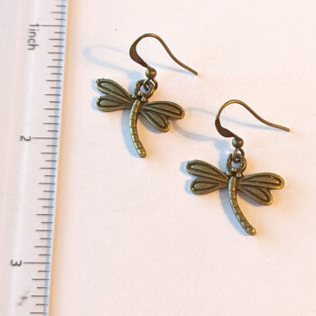 Small Dragonfly Curved Tail Antique Bronze Earrings - Image 2