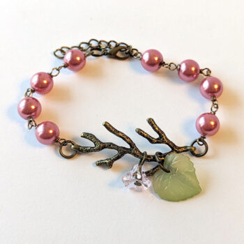 Antique Bronze Branch Pink Flower Leaf Bracelet - Image 4