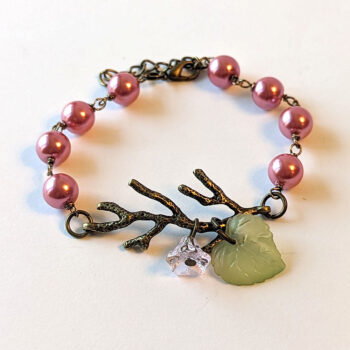 Antique Bronze Branch Pink Flower Leaf Bracelet - Image 3