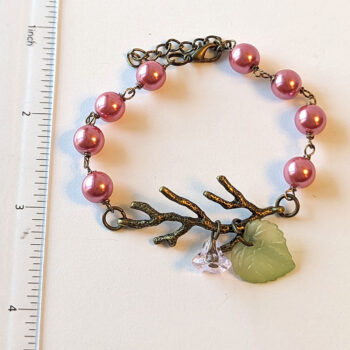 Antique Bronze Branch Pink Flower Leaf Bracelet - Image 2