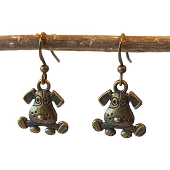 Cute Dog Puppy With Bone Antique Bronze Earrings