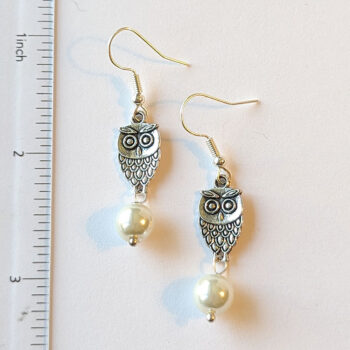 Small Owl Antique Silver Pearl Earrings - Image 3