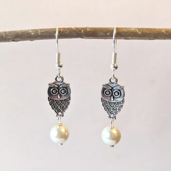 Small Owl Antique Silver Pearl Earrings - Image 2