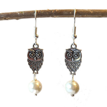 Small Owl Antique Silver Pearl Earrings