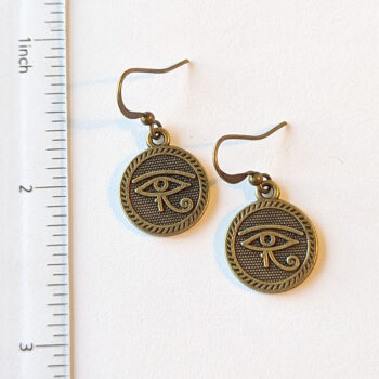 Round Disk Egyptian Eye of Horus Antique Bronze Earrings - Image 2