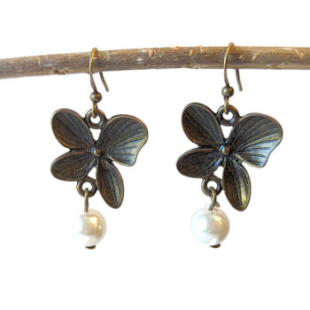 Antique Bronze Orchid Flower Earrings with Pearl