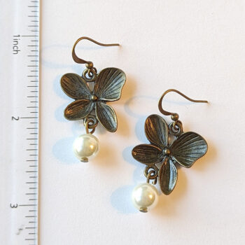 Antique Bronze Orchid Flower Earrings with Pearl - Image 2