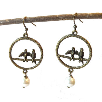 Antique Bronze Love Birds in Hoop With Pearl