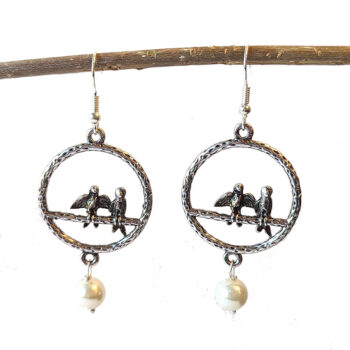 Antique Silver Love Birds in Hoop With Pearl Earrings