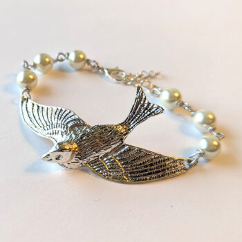 Antique Silver Large Flying Sparrow White Beads Bracelet - Image 7