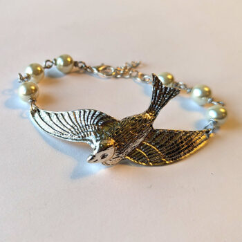 Antique Silver Large Flying Sparrow White Beads Bracelet - Image 6