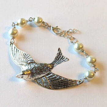 Antique Silver Large Flying Sparrow White Beads Bracelet - Image 5