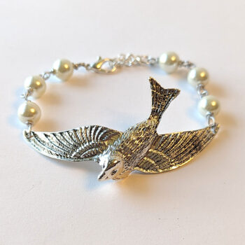 Antique Silver Large Flying Sparrow White Beads Bracelet