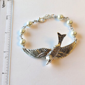 Antique Silver Large Flying Sparrow White Beads Bracelet - Image 3