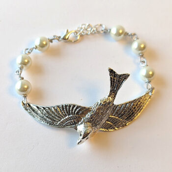 Antique Silver Large Flying Sparrow White Beads Bracelet - Image 2