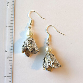 Antique Silver Tulip Petals Flower Earrings with Pearl - Image 3