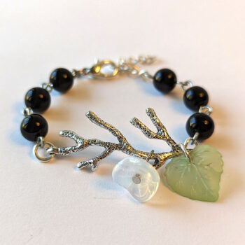 Antique Silver Branch Leaf Flower Black Beads Bracelet