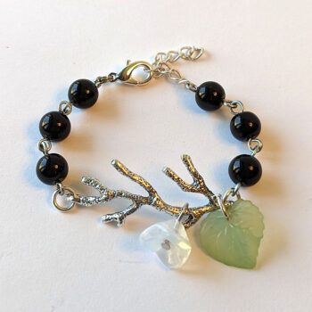 Antique Silver Branch Leaf Flower Black Beads Bracelet - Image 4