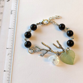 Antique Silver Branch Leaf Flower Black Beads Bracelet - Image 3