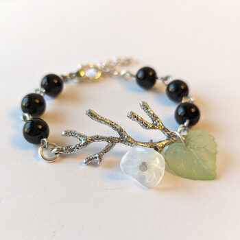 Antique Silver Branch Leaf Flower Black Beads Bracelet - Image 2