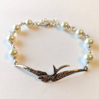 Antique Silver Large Soaring Bird White Beads Bracelet - Image 5