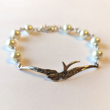 Antique Silver Large Soaring Bird White Beads Bracelet - Image 4