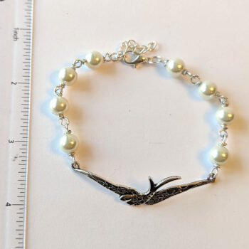 Antique Silver Large Soaring Bird White Beads Bracelet - Image 3