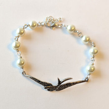 Antique Silver Large Soaring Bird White Beads Bracelet - Image 2