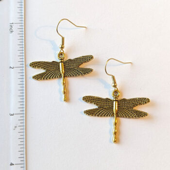 Antique Gold Flying Dragonfly Earrings - Image 2