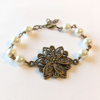 Antique Bronze Flower White Beads Bracelet