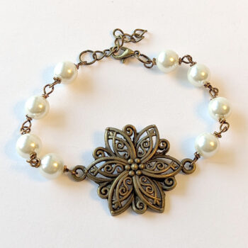 Antique Bronze Flower White Beads Bracelet - Image 4