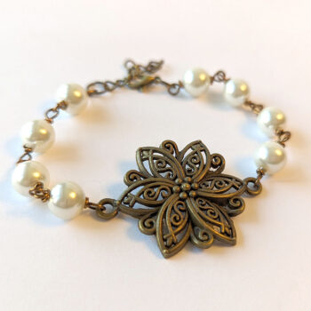 Antique Bronze Flower White Beads Bracelet - Image 3